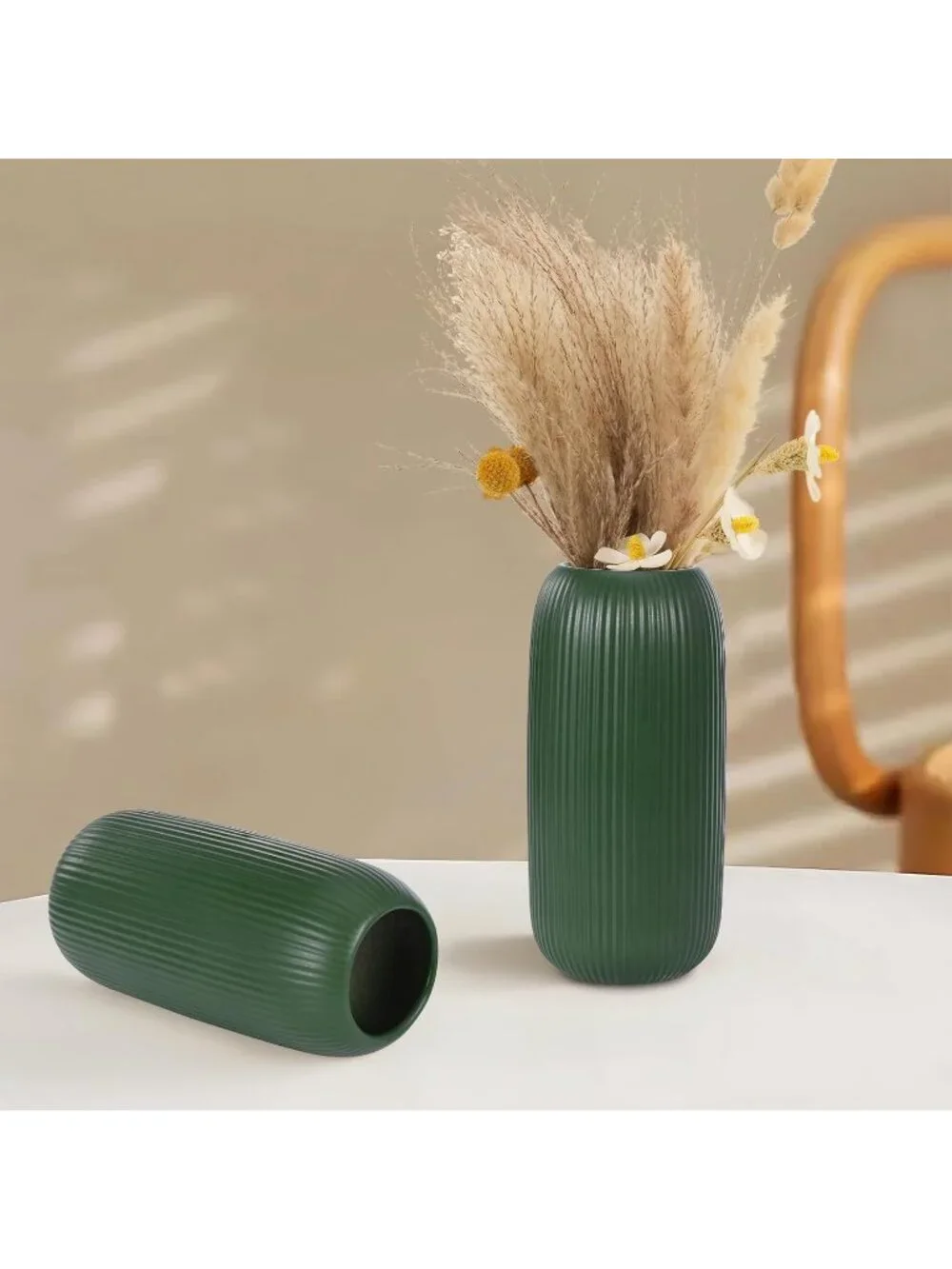 Modern Small Green Ceramic Vase Flowers Ribbed Textured Farmhouse Home Livings